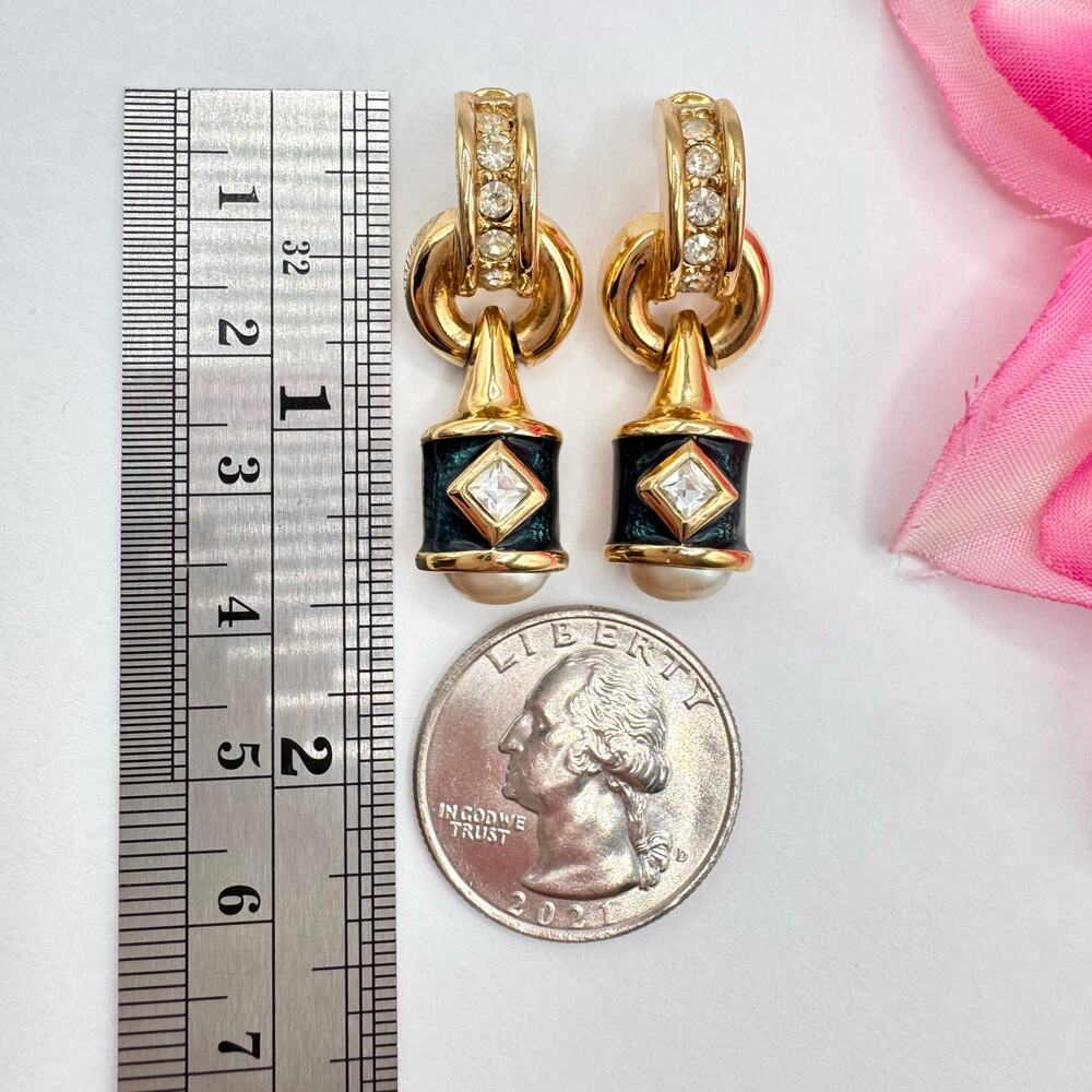 Vintage Piscitelli Blue Guilloche Door Knocker Earrings Gold Tone Rhinestones - Picture 8 of 10